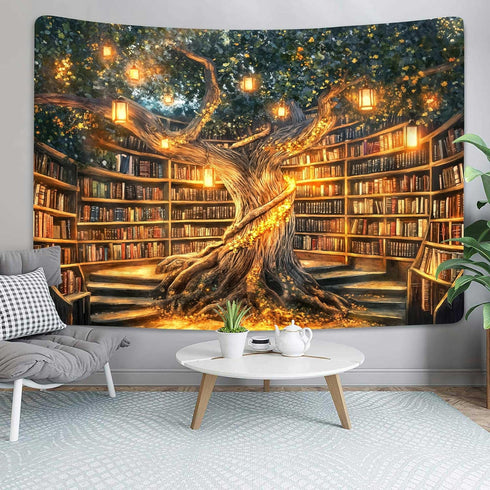 Xguatan 60X40IN Fantasy Library Tapestry, Mysterious Forest Tree Magic Bookshelf Aesthetic Tapestries , Witchy