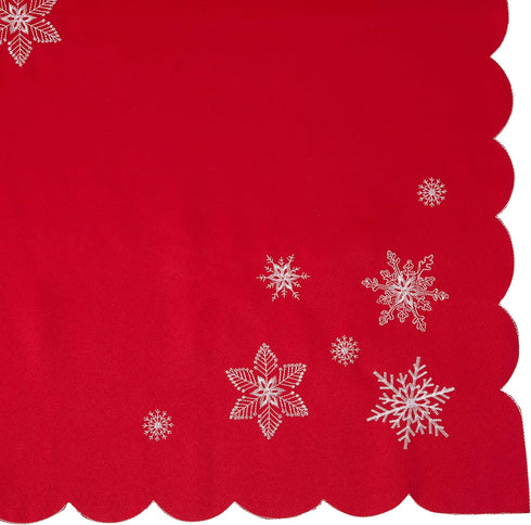 Violet Linen Embroidered Red Christmas Table Topper, 36" Square, Snowflakes