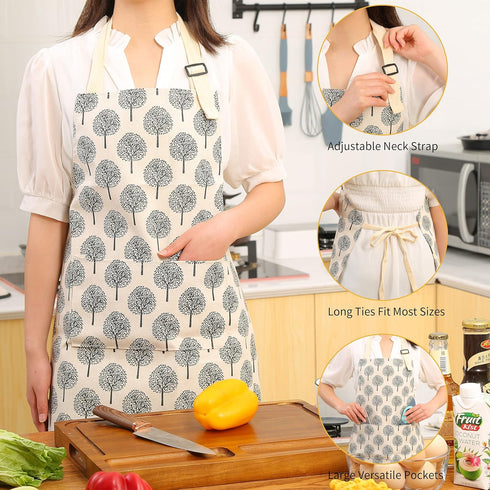 Tosewever 2 Pieces Cotton Linen Waterproof Bib Apron, Unisex Cooking Kitchen Aprons with 2 Pockets (Triangle/Tree, 2)