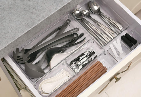 ihomecooker 5 Pack Clear Plastic Drawer Organizer Tray, Cutlery Utensil Makeup Drawer Silverware Organizers 12" X 6"