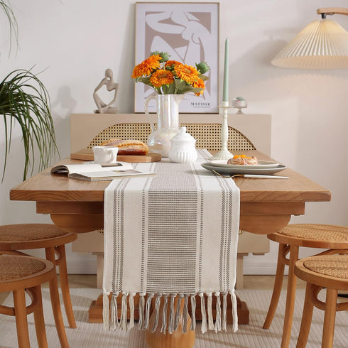 13 90 Inch Caflife Boho Table Runner Natural Stripe for Modern Farmhouse Coffee Table Decor, Rustic Woven Runner