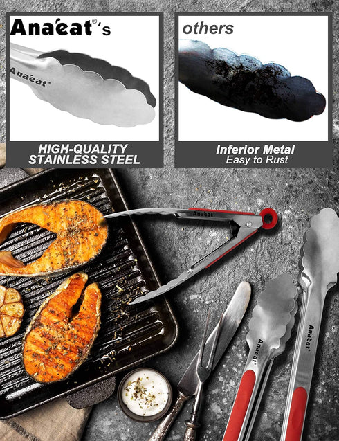 Anaeat Premium Sturdy Barbecue Tongs - 7, 9, 12 Inch Non-Slip Stainless Steel Locking Tongs for Grilling & Cooking