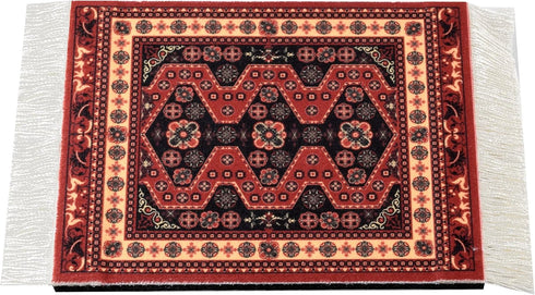 Set of 4 Rug Table Coasters - Oriental Design Fabric Carpet Drink Mats, Absorbent, Rectangular, Red Black Blue