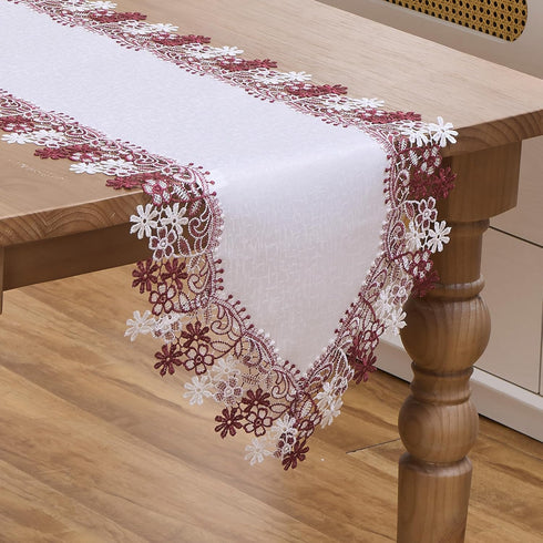 Winotic White Dark Red Floral Lace Jacquard Table Runner Dresser Scarf 90 inches