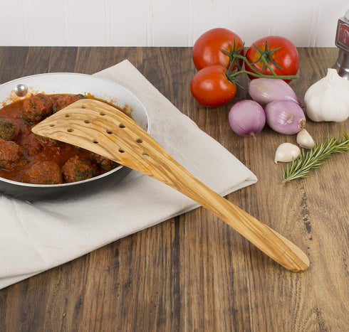 Eddington Italian Olive Wood Wide Pierced Spatula, Handcrafted in Europe, 12.5-Inches