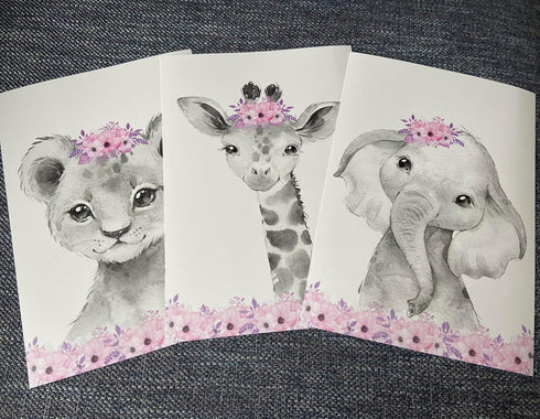 Set 3 (8x10) Safari Animals Baby Girls Nursery of Unframed Wall Art Prints, Gray Baby Animals with Pink Flowers, Child