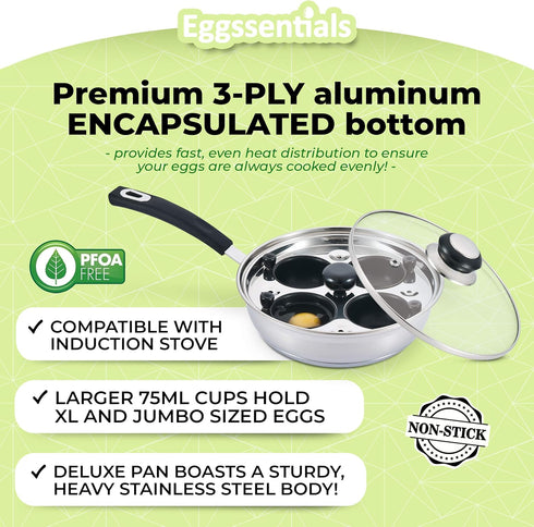 Egg Poacher - Eggssentials Poached Egg Maker, Stainless Steel Egg Poaching Pan, Poached Eggs Cooker Food Grade Safe