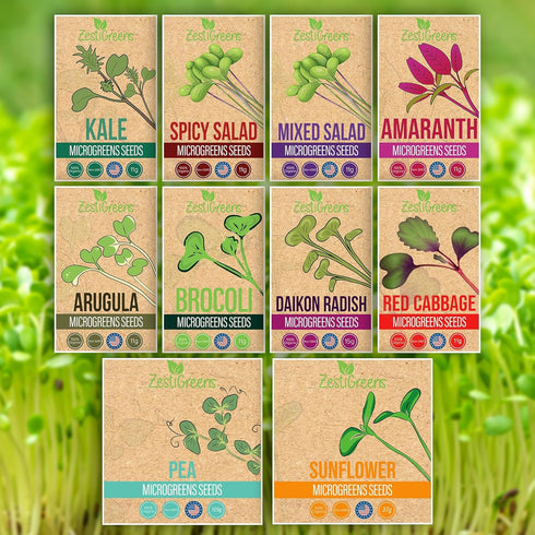 10 Variety Pack Microgreens Seeds - Broccoli, Sunflower, Pea, Salad Mix, Daikon