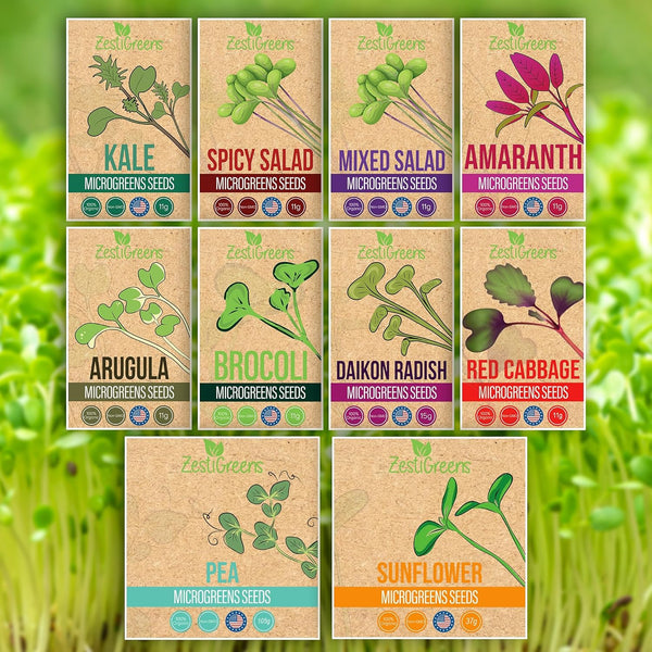 10 Variety Pack Microgreens Seeds - Broccoli, Sunflower, Pea, Salad Mix, Daikon