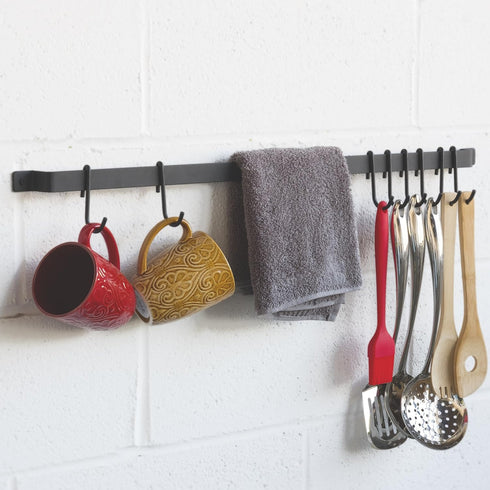 Wallniture Casto 30" Gourmet Kitchen Rail with 15 S Hooks for Hanging Utensils and Cookware, Frosty Black
