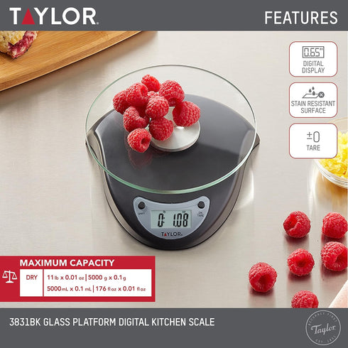 Taylor Digital Kitchen Scale - Glass Platform with Tare Button, Weighs up to 6.6 Pounds Capacity, Black