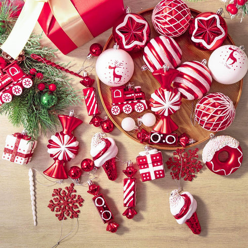 Set, 70 Christmas Tree Ball Ornaments ct Classical Red White Candy Train Theme Xmas Assorted Ornaments, Shatterproof