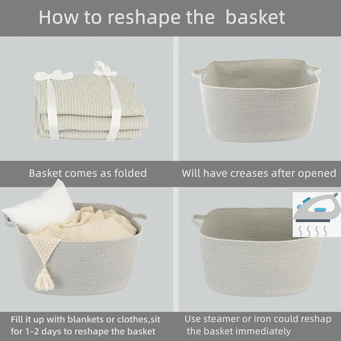 Large Rectangle Blankets Basket, 22"x17"x12" Woven Cotton Rope Storage for Nursery, Toy Basket, Laundry Bin