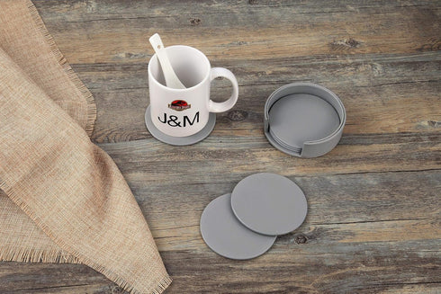 6 Pieces Grey Coasters for Drinks with Holder, Round Cup Mat Pad Protects Furniture from Coffee or Tea Marks