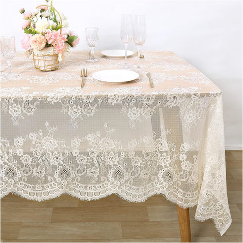 Fanqisi Ivory Lace Tablecloth 60x120 Inches, Classic Wedding Lace Overlay Party Table Cover for Decoration