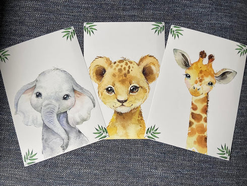 Set 3 (8x10) Baby Safari Animals for Girl or Boy Nursery Bedroom, of Unframed Wall Art Prints, Jungle Leaves Posters