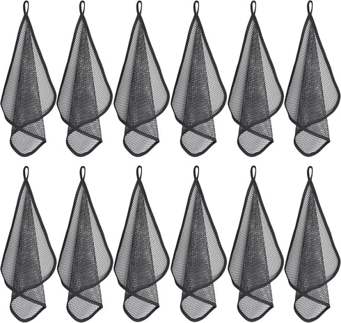 Mesh Dish Cloths, Kitchen Dish Washing Net Scrubber, Quick Dry and Easy to Clean, 150G/SM 12 x 12 Inch, Black 12 Pack