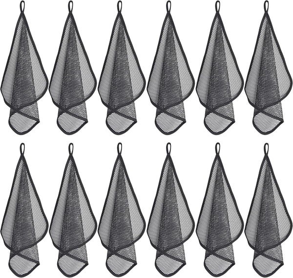 Mesh Dish Cloths, Kitchen Dish Washing Net Scrubber, Quick Dry and Easy to Clean, 150G/SM 12 x 12 Inch, Black 12 Pack