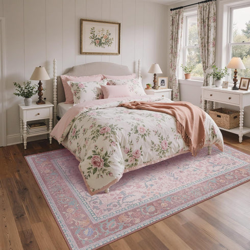 5x7 Pink Area Rug Washable Rugs Floral Vintage Tumble Carpet for Living Room Bedroom Nursery Room Playroom Dining Room