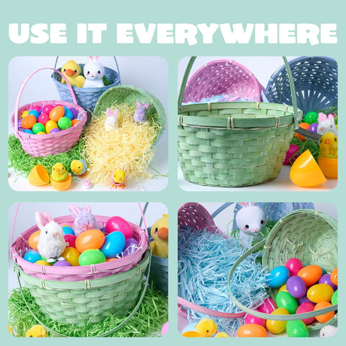 3 Decorations,10.25"X11"(Blue, JOYIN Pcs Easter Bamboo Baskets, Round Woven Goodie Basket with Handle, Empty Candy Toys