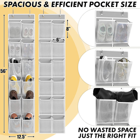 24 2PK 12 Simple Houseware Pockets - Large Pockets Over Door Hanging Shoe Organizer, Grey