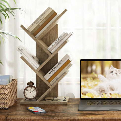 Hoctieon 4 Tier Tree Bookshelf, Modern Free Standing Bookcase, Utility Organizer Shelves for Home Office, Greige