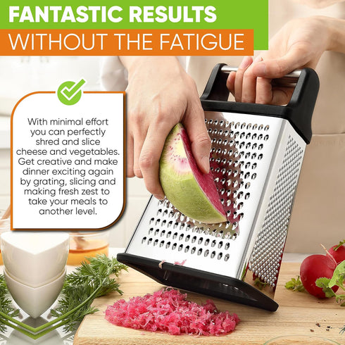 Spring Chef Professional Cheese Grater, XL Size, 4 Sides, Stainless Steel, Dishwasher Safe, Black