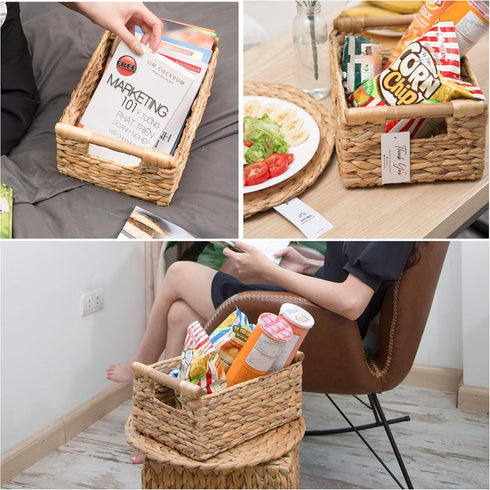 VATIMA Hyacinth Small Wicker Basket 11.6x8.1x4.9", Decorative Storage with Wooden Handle for Bathroom Organizer