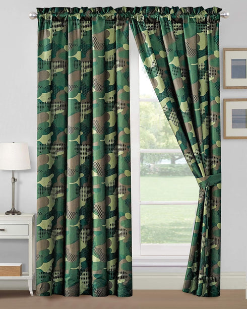 WPM Kids Collection 4 Piece Military Green Curtain Set with 2 Panels and Tiebacks, Boys Army Green Desert Camouflage