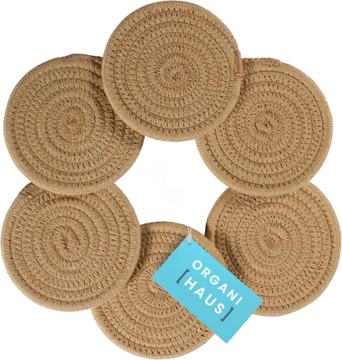 OrganiHaus Drink Coasters Set of 6, Absorbent Cotton Woven Cup Coasters, Rustic