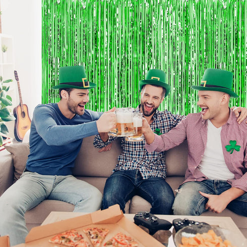 CHRORINE 2pcs 3ft x 8.3ft Green Tinsel Foil Fringe Curtains, Streamers Backdrop for Birthday Jungle Safari Party