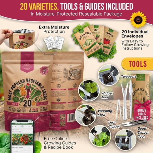 20 Pack 12,465+ Packets, Vegetable Seeds Variety - Non-GMO Heirloom Seeds for Planting Vegetables and Fruits