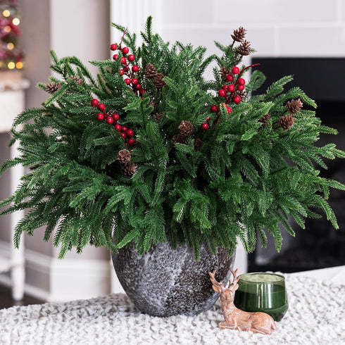 17 Branches,19 Inch HyeFlora PCS Christmas Norfolk Pine Stems with Small Pinecones and Red Berries Real Touch
