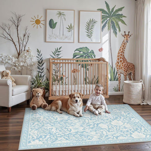 6x9, Bavni Vintage Floral Rugs Washable Area Rug with Non Slip Backing, Low Pile for Living Room,Nursery,Bedroom & Home