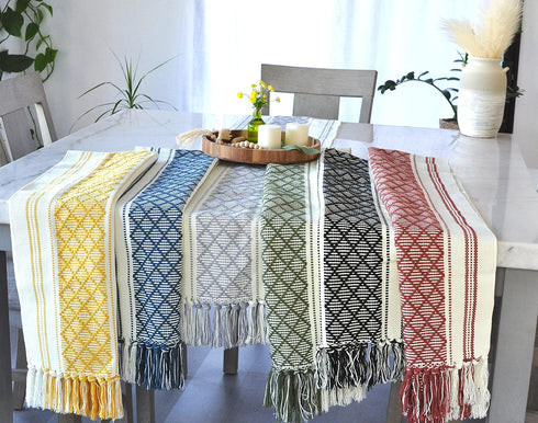 14 72 Inches, Boho Table Runner with Tassel x Blue & Cream, Woven Washable Dresser Scarf and Topper for Bedroom