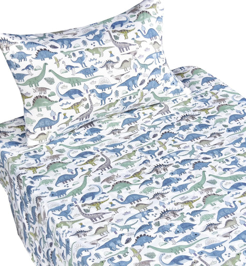 J-pinno 100% 3 Set Set Dinosaur World Blue Green Gray Cute Twin Cotton Pieces Sheet for Kids Boys Girls Children, Flat
