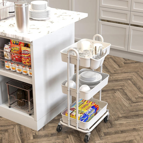 3-Tier Simple Houseware Multifunctional Rolling Utility Cart with Hanging Bucket, White