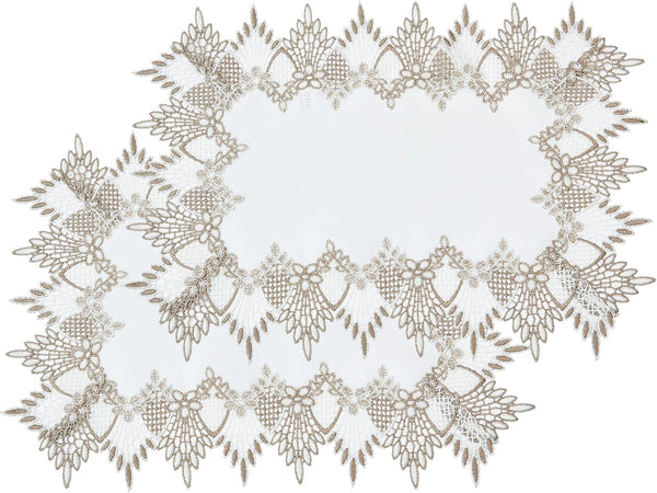 White Linen Placemats 14x20 Set of 2, Neutral Earth Tones Beige Lace