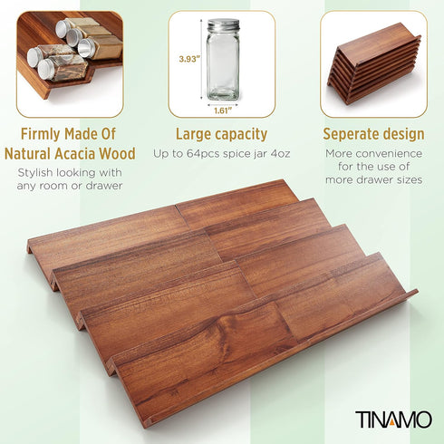 4-Tier Pack 8 (64 Tinamo Acacia Wooden Spice Rack Organizer for Cabinet - Spice Drawer Insert, Spice Organization