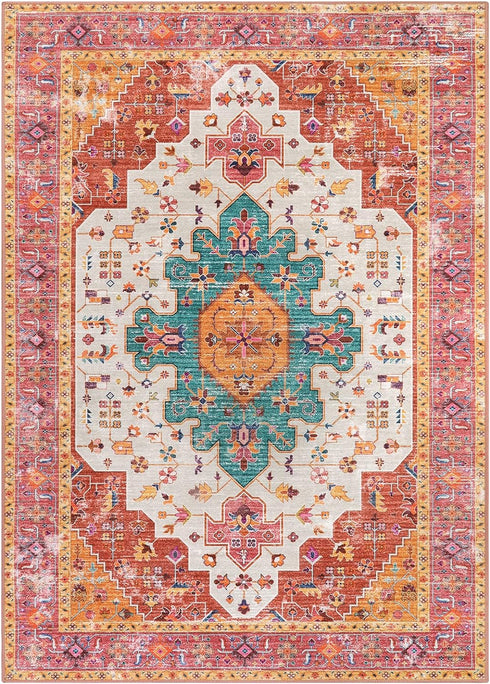 5x7 Moynesa Ultra-Thin Washable Vintage Area Rug - Large Bedroom Boho Non-Slip Non-Shedding Living Room Mat Oriental