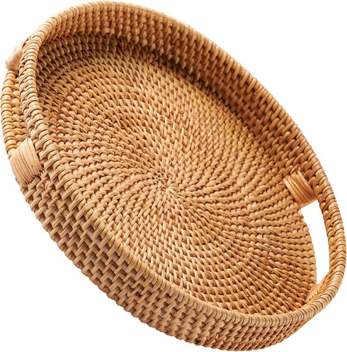 JUNGLE CULTURE Handcrafted Round Wicker Tray 14 Large Decorative Rattan Serving Basket