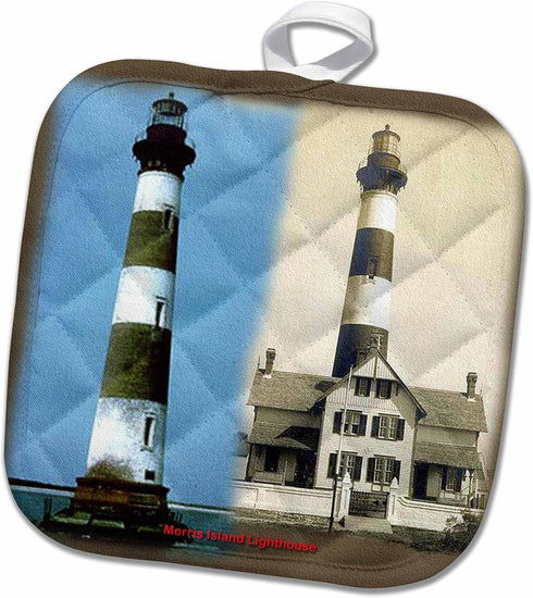 3D Rose Morris Island Lighthouse and Camera Station (Now and Then 1914) Pot Holder, 8" x 8"