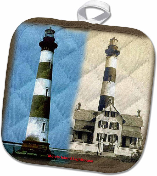 3D Rose Morris Island Lighthouse and Camera Station (Now and Then 1914) Pot Holder, 8" x 8"