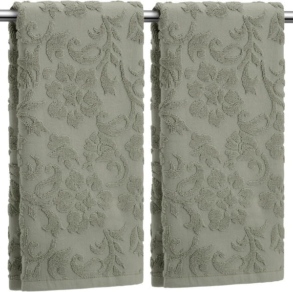 SmoothNovelty 2 Pcs Olive Green Jacquard Hand Towels for Bathroom Floral Hand