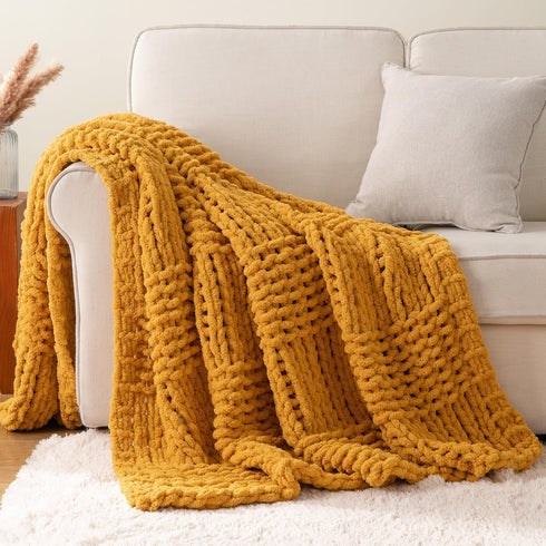 50"x60" Bunnikins & Clover Mustard Yellow Throw Blanket for Couch, Chunky Knit Gold Blanket Throw with Chenille Yarn