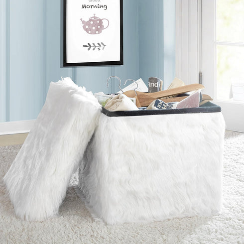 15 Inch Urban Lifestyle Mongolian Fur Collapsible Storage Ottoman Square Soft White Modern Multipurpose Footrest Bench