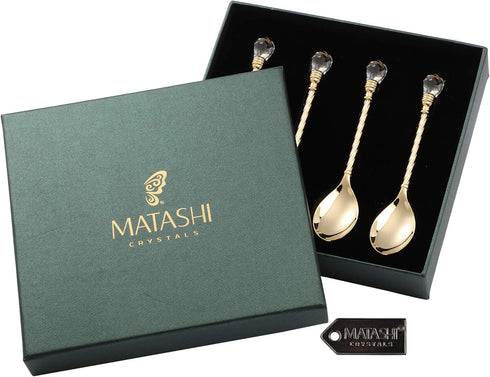 Matashi 24K Gold Plated Crystal Topped Dessert Spoon Set of 4 for Dinner Party, Corporate Gifts, Dining Decor