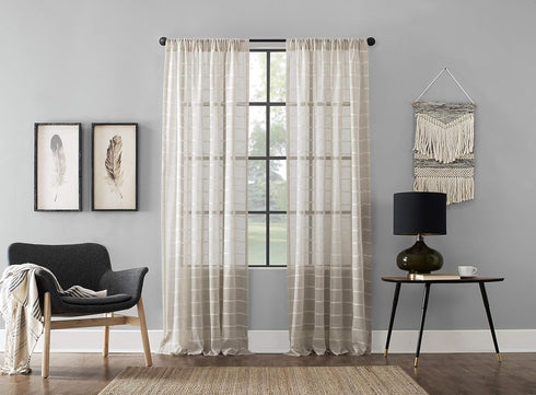 Clean Window Twill Stripe Anti-Dust Sheer Curtain Panel - 52" x 63", Allergy/Pet Friendly, White/Linen