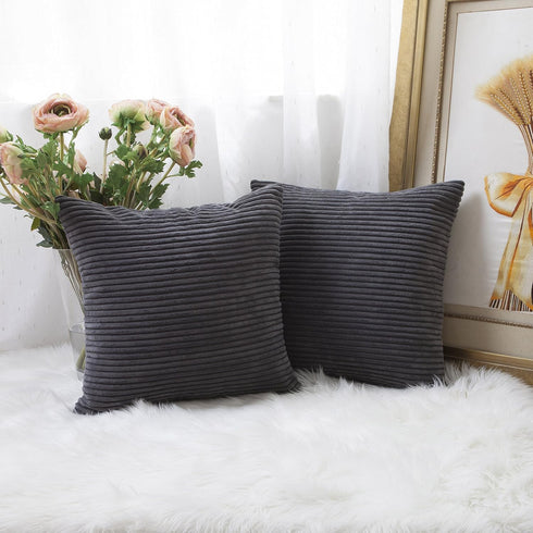 Home Brilliant Grey Pillow Covers, Set of 2 Soft Decorative Striped Corduroy Velvet Square Throw Pillow Cover 18 x 18