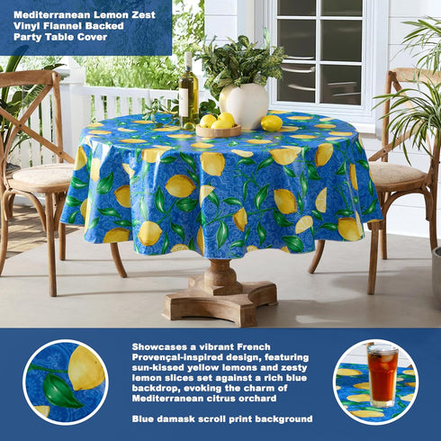 Newbridge Round Vinyl Tablecloth, 70 Inch, Mediterranean Zest Vinyl Flannel Backed Table Cloth with Lemon Print